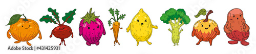 Vegetables set hand drawn scetch characters cartoon. Collection orange, beet root, strawberry, carrot, lemon, broccoli, apple, potato