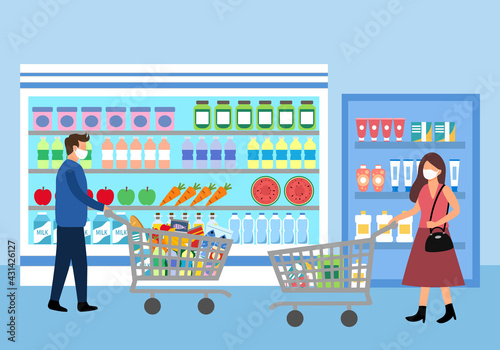 People wearing face mask while shopping in grocery store with trolley in flat design. Medical protective mask in supermarket during coronavirus quarantine.