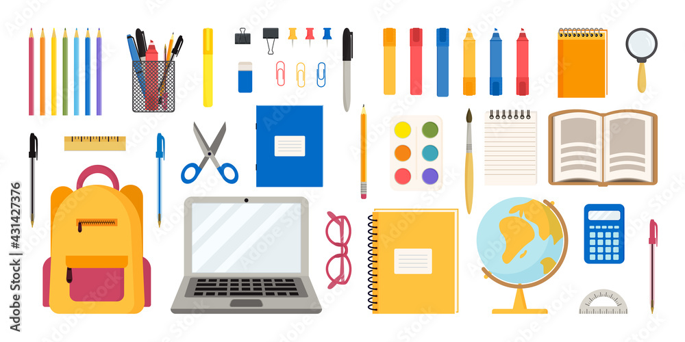 Flat vector illustration of set of school and office supplies. Back to school concept. Flat vector illustration of set of school and office supplies. Back to school concept.