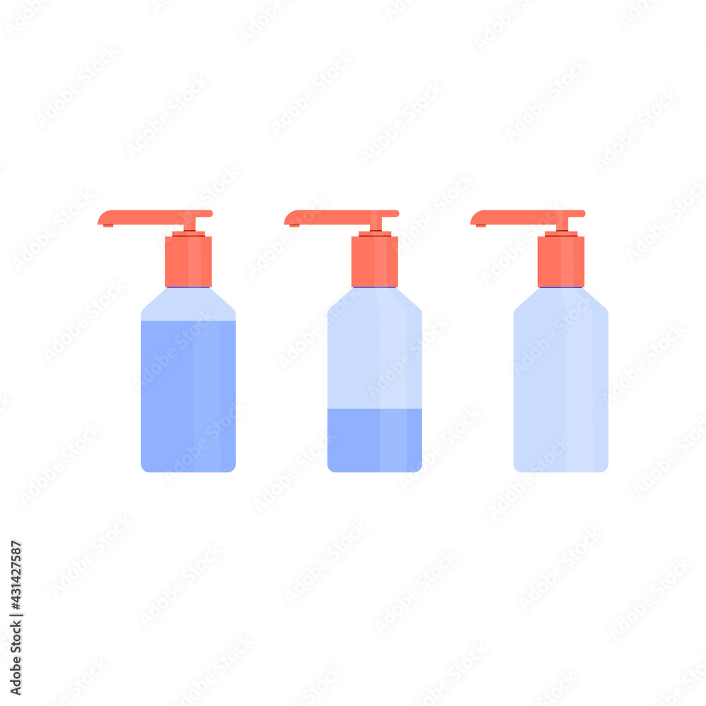 Three bottles with different degrees of filling. Cosmetic product with decrease, use, expense concept. Vector illustration, flat cartoon color minimal design, isolated on white background, eps 10.