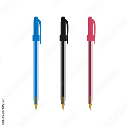 Flat vector illustration of red, blue and black ballpoint pens with caps. Isolated on white background