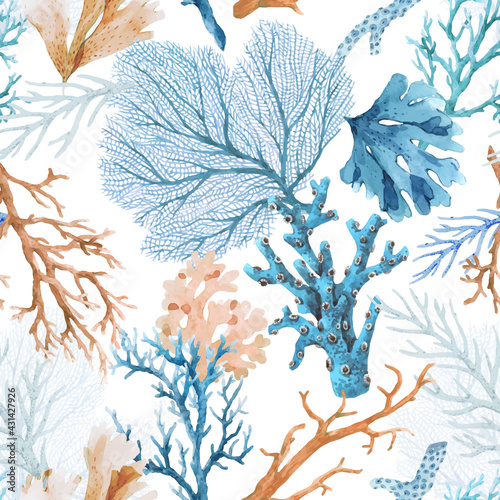 Beautiful vector seamless underwater pattern with watercolor sea life colorful corals Fototapeta