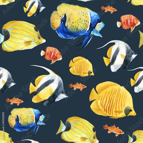 Beautiful vector seamless underwater pattern with cute watercolor colorful fish. Stock illustration.