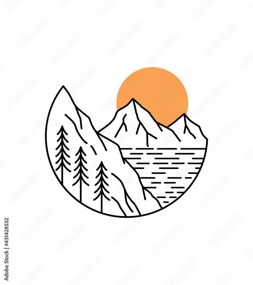 views of the mountains and the sea at sunset in mono line art, patch badge design, emblem design, T-Shirt Design views of the mountains and the sea at sunset in mono line art, patch badge design, emblem design, T-Shirt Design