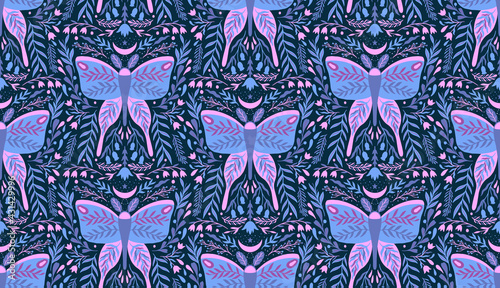 Floral flower and moth insect seamless pattern.Folk bloom endless ornament