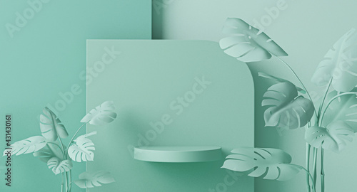 Minimal scene with podium, tropical palms, monster leaves and abstract background. Pastel blue and green colors scene. Trendy 3d render for social media banners, promotion, cosmetic product show.
 photo