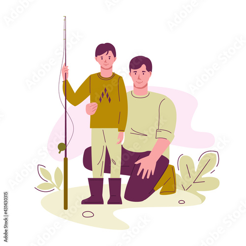 Father and son with a fishing rod. The concept of family outdoor recreation. Vector illustration in flat style.