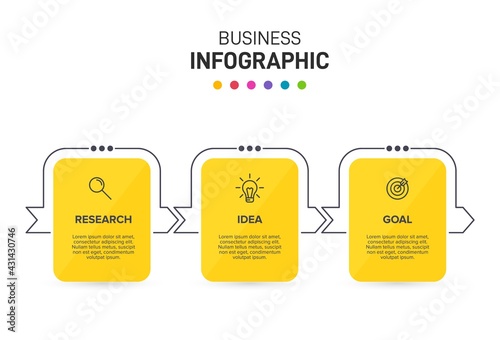 Concept of arrow business model with 3 successive steps. Three colorful graphic elements. Timeline design for brochure, presentation. Infographic design layout.