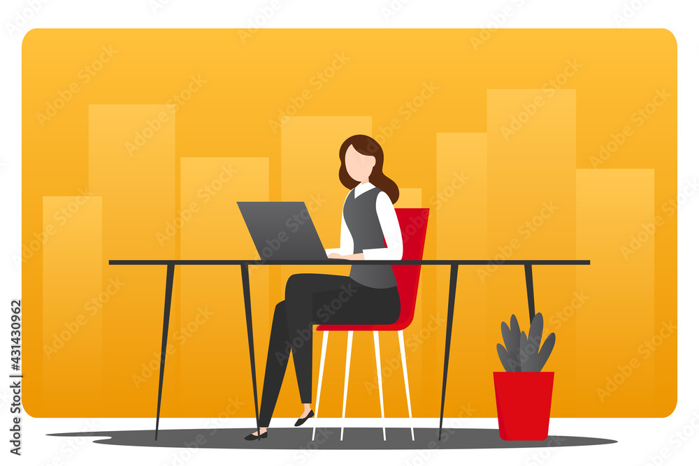 Girl working on laptop. Vector illustration. Girl working on laptop. Vector illustration.
