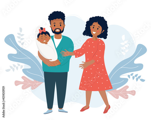 Family life and emotions concept. A sad black man holds a crying baby in his arms. Nearby, a woman smiles and comforts. Vector illustration. Ethnic Family with newborn daughter, stressful situation.