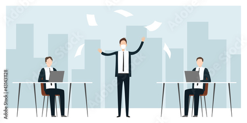 Employee in mask scattering documents. Conflict in office. Vector illustration.