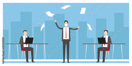Colleague in mask scattering documents. Vector illustration.