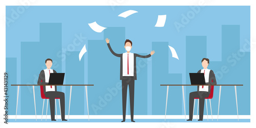 Colleague in mask scattering documents. Vector illustration.