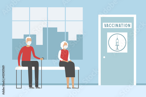 Aged people in vaccination station. Vector illustration.