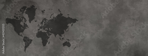 Fototapeta Naklejka Na Ścianę i Meble -  World map on black concrete wall background. Horizontal banner