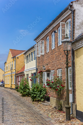 Cobblestoned street with colorful houses in Ribe