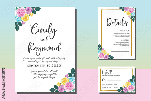 Wedding invitation frame set, floral watercolor hand drawn Colorful Rose Flower design Invitation Card Template