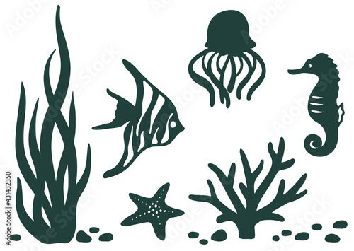 Laser cut template. Marine animals black silhouettes set: starfish, seaweed, jellyfish, sea horse, tropical reef fish closeup isolated on white. Wildlife sea coral reef, iron on, vector, vinyl design. © Sviatlana