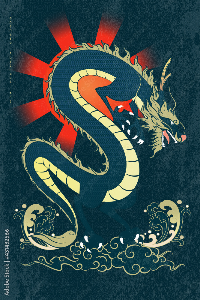 Abstract Art Japanese Flying Dragon Side View on the Gold Stroke ...