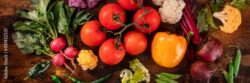 Fresh vegetable panorama, shot from above on a rustic wooden background