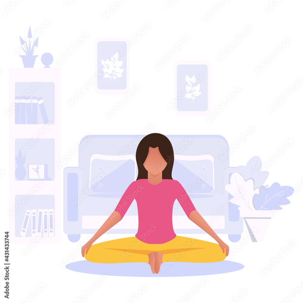 Obraz premium The woman is meditating at home. Yoga classes in quarantine. Cartoon style. The concept of a healthy lifestyle, yoga, concentration, meditation, relaxation. Flat bright illustration.