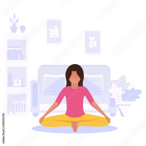 The woman is meditating at home. Yoga classes in quarantine. Cartoon style. The concept of a healthy lifestyle, yoga, concentration, meditation, relaxation. Flat bright illustration.