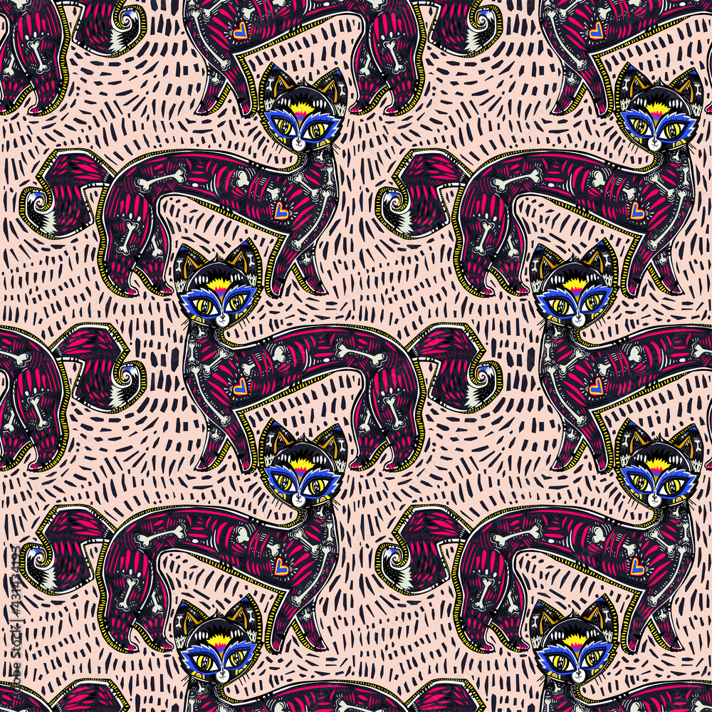 Magic quirky living dead contemporary style bone zombie Cat seamless pattern. Retro modern kitty aesthetic background.