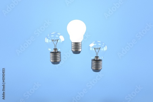 3d illustration of a lit light bulb floating over other light bulbs off