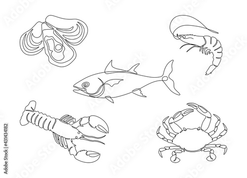 Seafood set in one line art style. Lobster, fish, crab, shrimp, oysters single line drawing. Restaurant menu icons, vector illustration