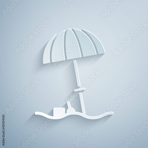 Paper cut Sun protective umbrella for beach icon isolated on grey background. Large parasol for outdoor space. Beach umbrella. Paper art style. Vector Illustration