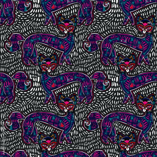 Magic quirky living dead contemporary style bone zombie Cat seamless pattern. Retro modern kitty aesthetic background.