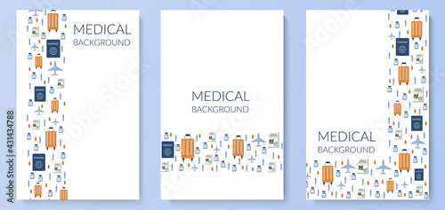 Vaccination medical poster set. New travels after the pandemic. Vaccination passport. Travel permit. Vector illustration