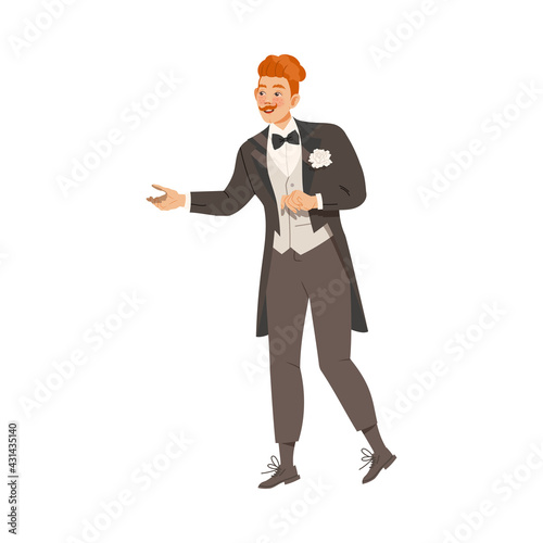 Young Bridegroom as Newlywed or Just Married Male in Tuxedo Reaching Out Hand Vector Illustration