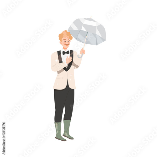 Young Moustached Bridegroom as Newlywed or Just Married Male Standing in Suit and Rubber Boots Under Umbrella Vector Illustration