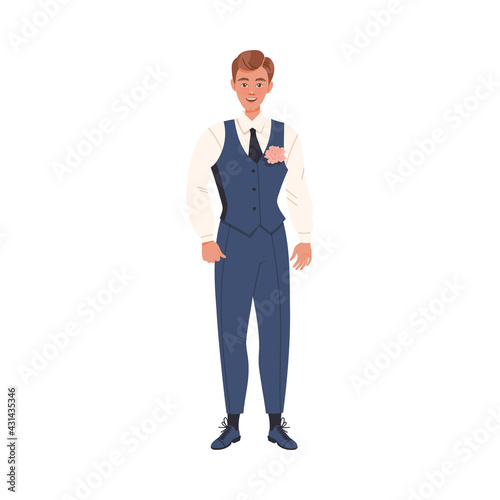 Young Bridegroom as Newlywed or Just Married Male Standing in Suit with Buttonhole Vector Illustration