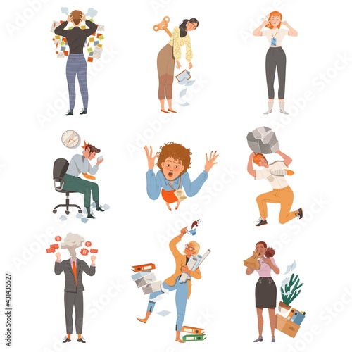 Stressed out Office Employees Overwhelmed with Loads of Duties and Multitasking Vector Illustration Set