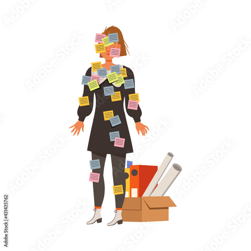 Stressed out Woman Office Employee Covered with Sticky Notes Failing in Multitasking Vector Illustration