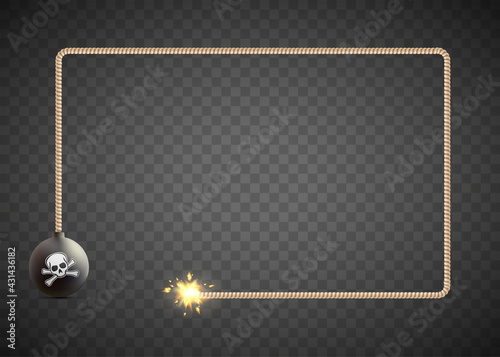 Round bomb with explosive fuse. Frame for copy space.