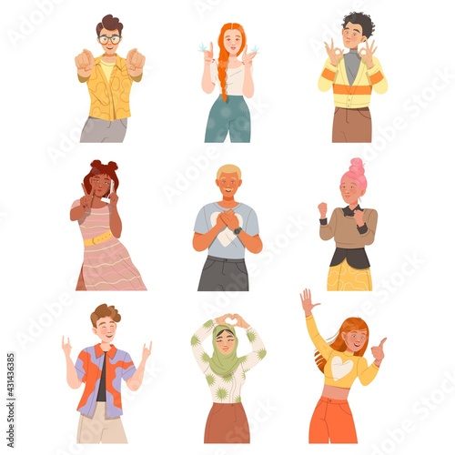 People Characters Showing Positive Gestures with Hands Feeling Happiness and Excitement Vector Illustration Set