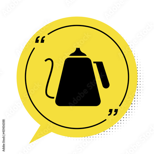 Black Kettle with handle icon isolated on white background. Teapot icon. Yellow speech bubble symbol. Vector Illustration