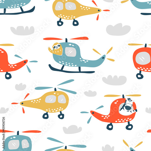 Childish seamless pattern with cute helicopter. Creative texture for fabric, textile