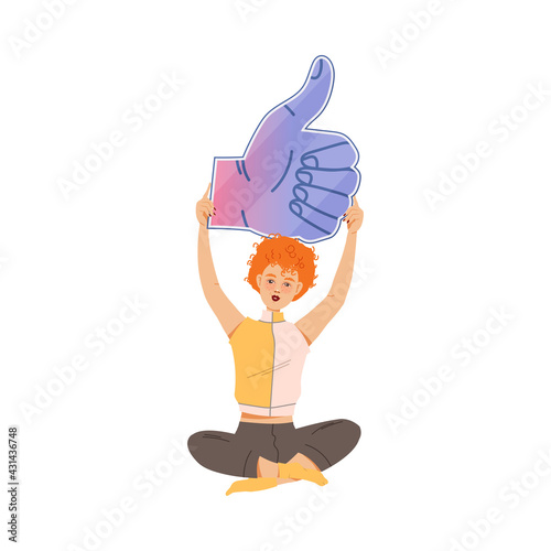 Young Woman Sitting Cross Legged and Holding Thumb Up Sign as Notification of Approval Vector Illustration