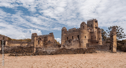 ruins of famous african castle Fasil Ghebbi, Royal fortress-city in Gondar, Ethiopia. Imperial palace is called Camelot of Africa. UNESCO World Heritage Site.