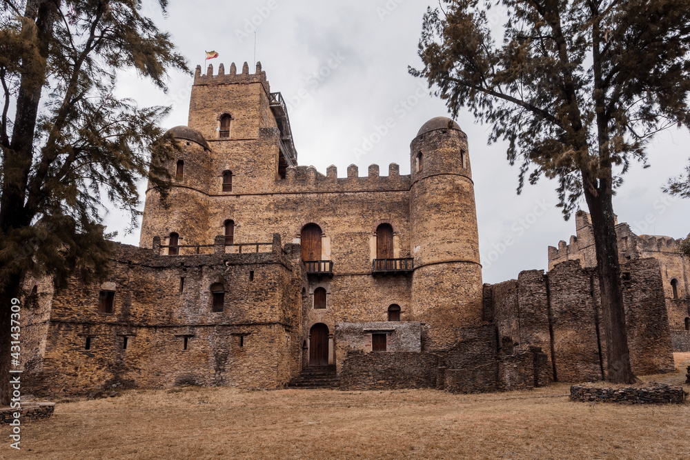 ruins of famous african castle Fasil Ghebbi, Royal fortress-city in Gondar, Ethiopia. Imperial palace is called Camelot of Africa. UNESCO World Heritage Site.