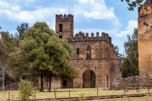 ruins of famous african castle Fasil Ghebbi, Royal fortress-city in Gondar, Ethiopia. Imperial palace is called Camelot of Africa. UNESCO World Heritage Site.