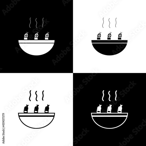 Set Soup with shrimps icon isolated on black and white background. Tom yum kung soup. Vector.