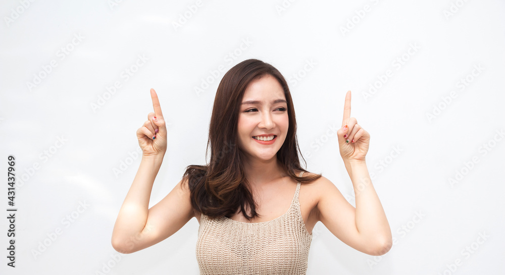 Smiling of cheerful beautiful pretty asian woman clean fresh healthy white skin posing.Girl felling relaxing and enjoy time on white background at home.asia beauty