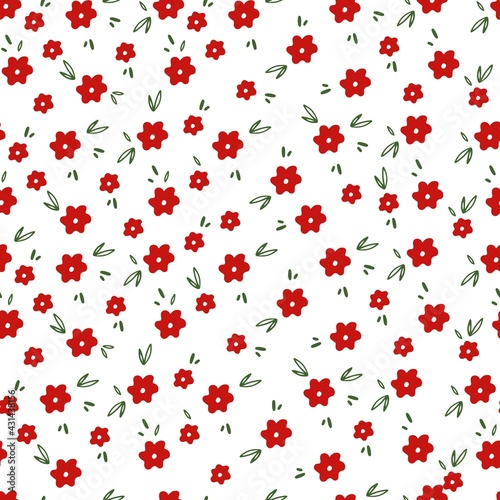 Cute simple seamless pattern with red flowers. Vector illustration