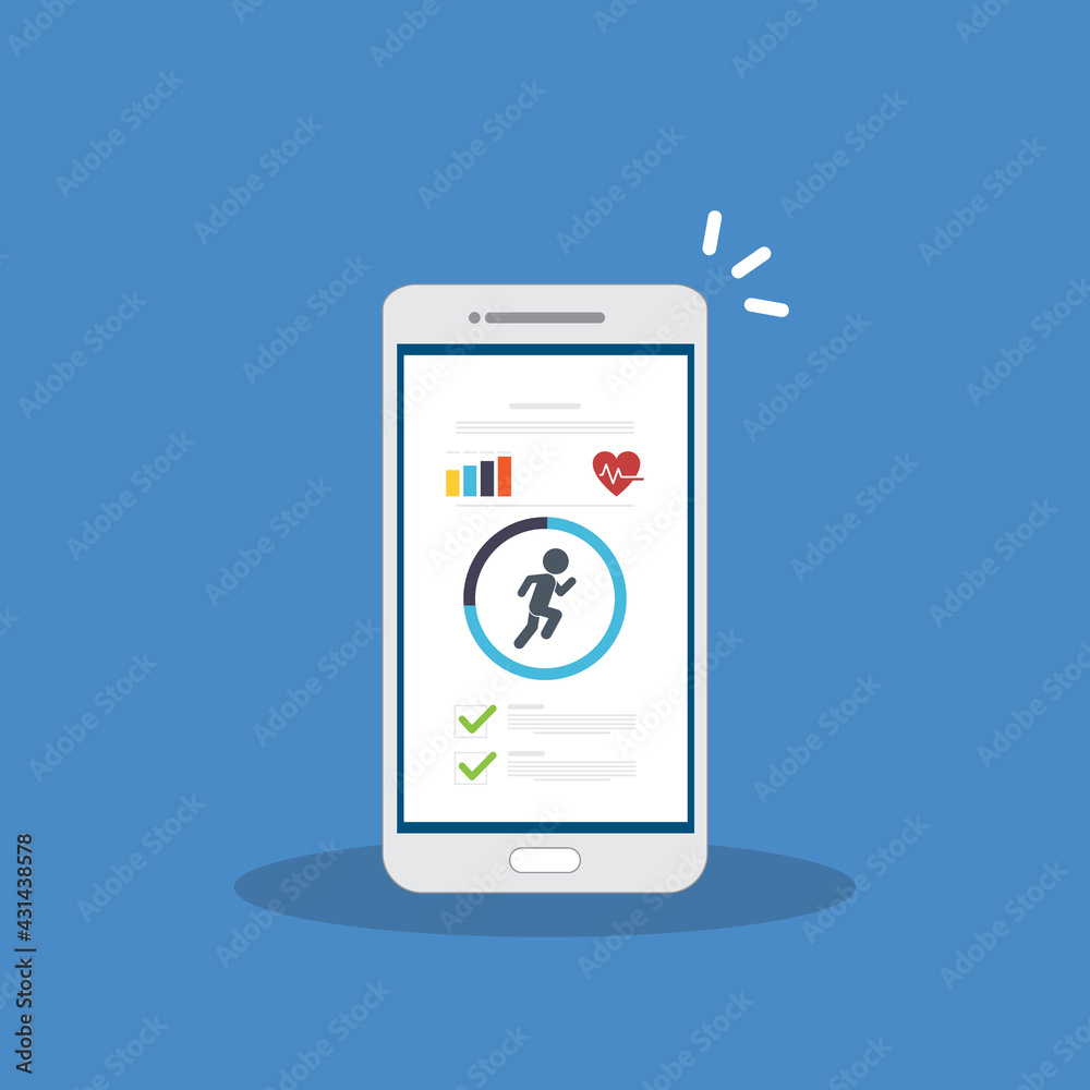 Fitness tracker, fitness tracking app on mobile phone screen. Fitness tracker, fitness tracking app on mobile phone screen.