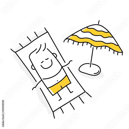 Happy stick figure of man sunbathes on the beach.